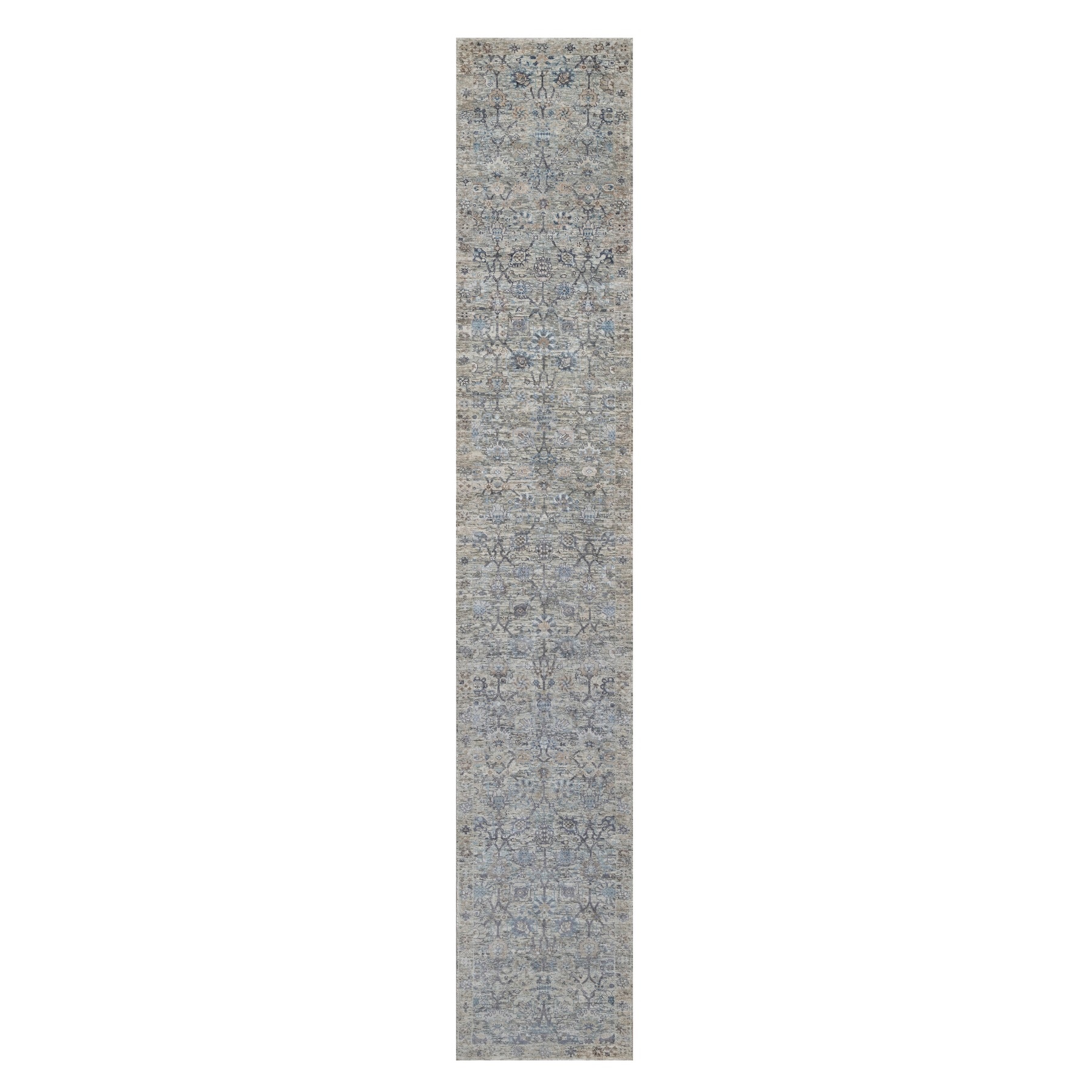 2'7'x15'9" Rice White, Hand Knotted, Sickle Leaf Design, Soft Pile, Silk with Textured Wool, XL Runner, Oriental Rug 